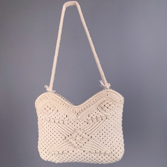 Vintage Handbags - Vintage 70s Macrame Knit Large Bag Tote Purse
